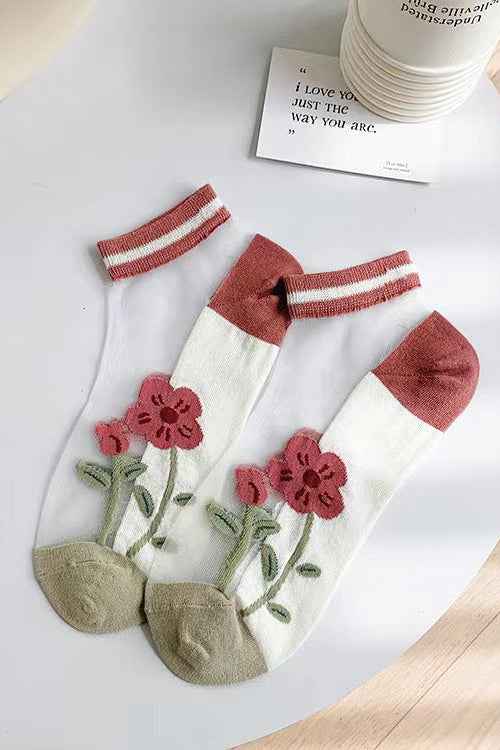 Maroon Floral Sheer Ankle Sock