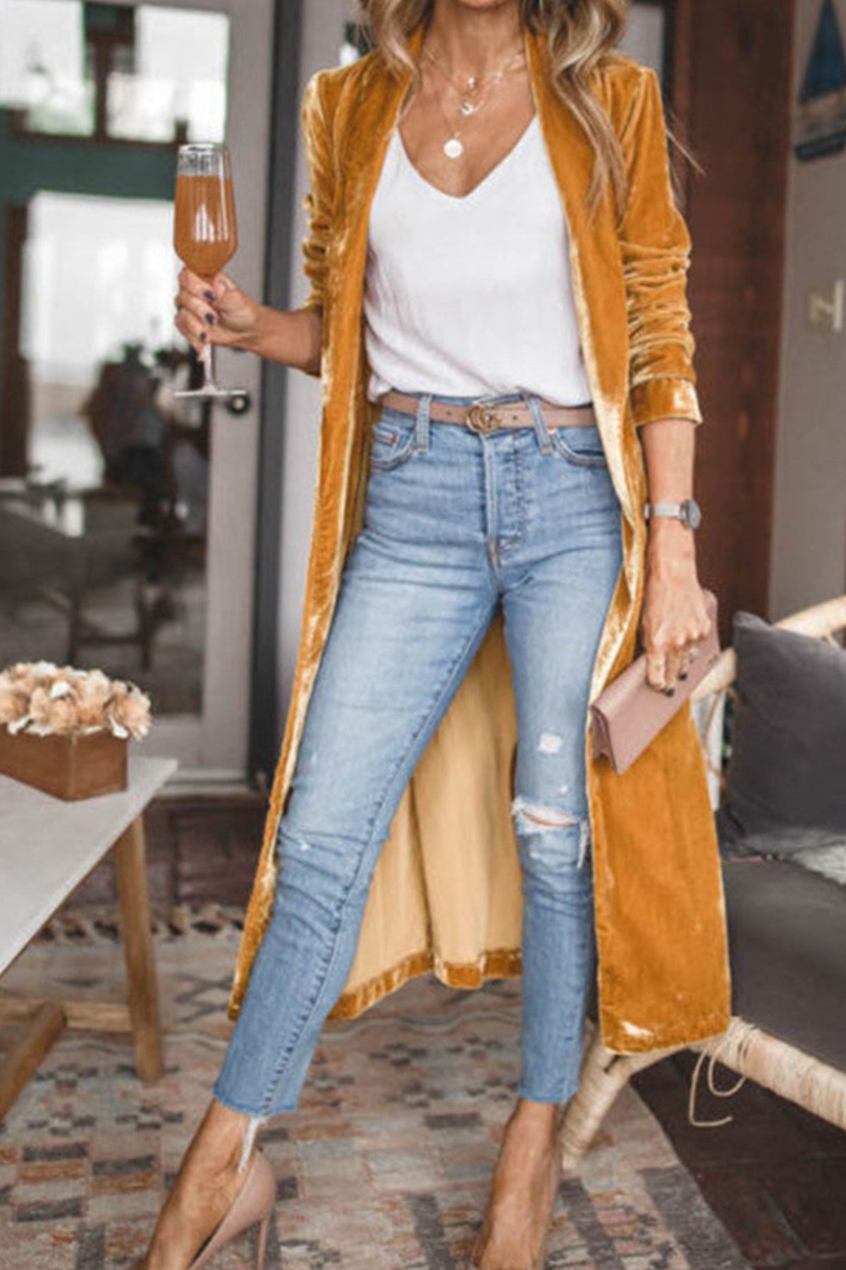 Open Front Long Sleeve Longline Cardigan Gold 2