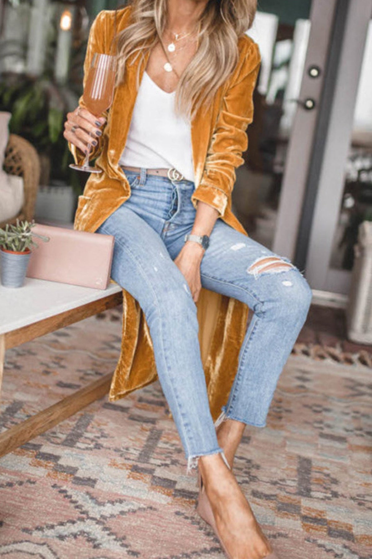 Open Front Long Sleeve Longline Cardigan Gold 3