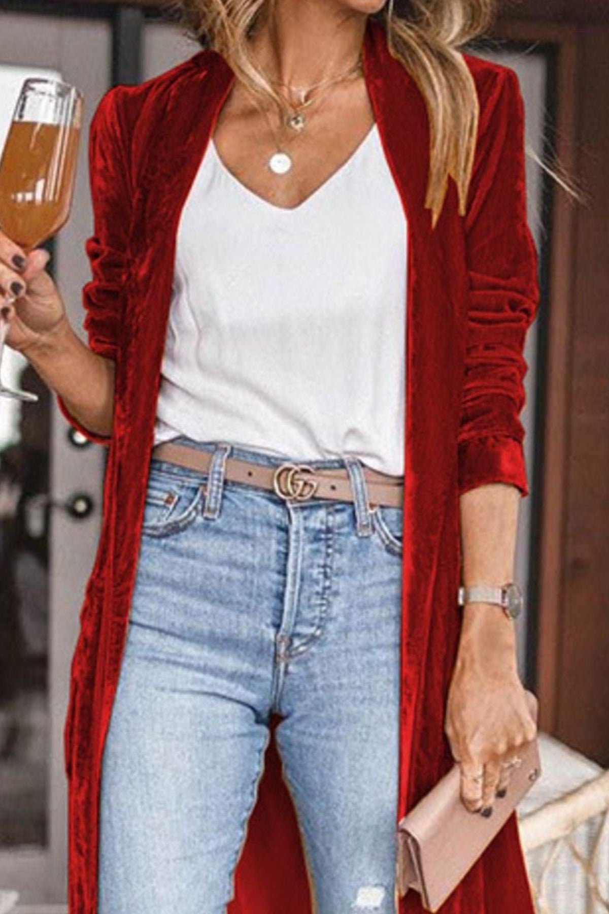 Open Front Long Sleeve Longline Cardigan Red 2