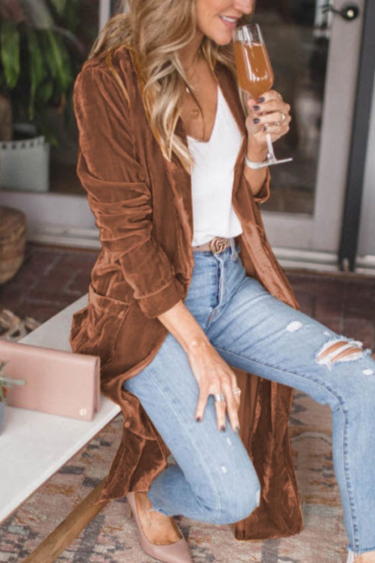 Open Front Long Sleeve Longline Cardigan Dark Brown 3