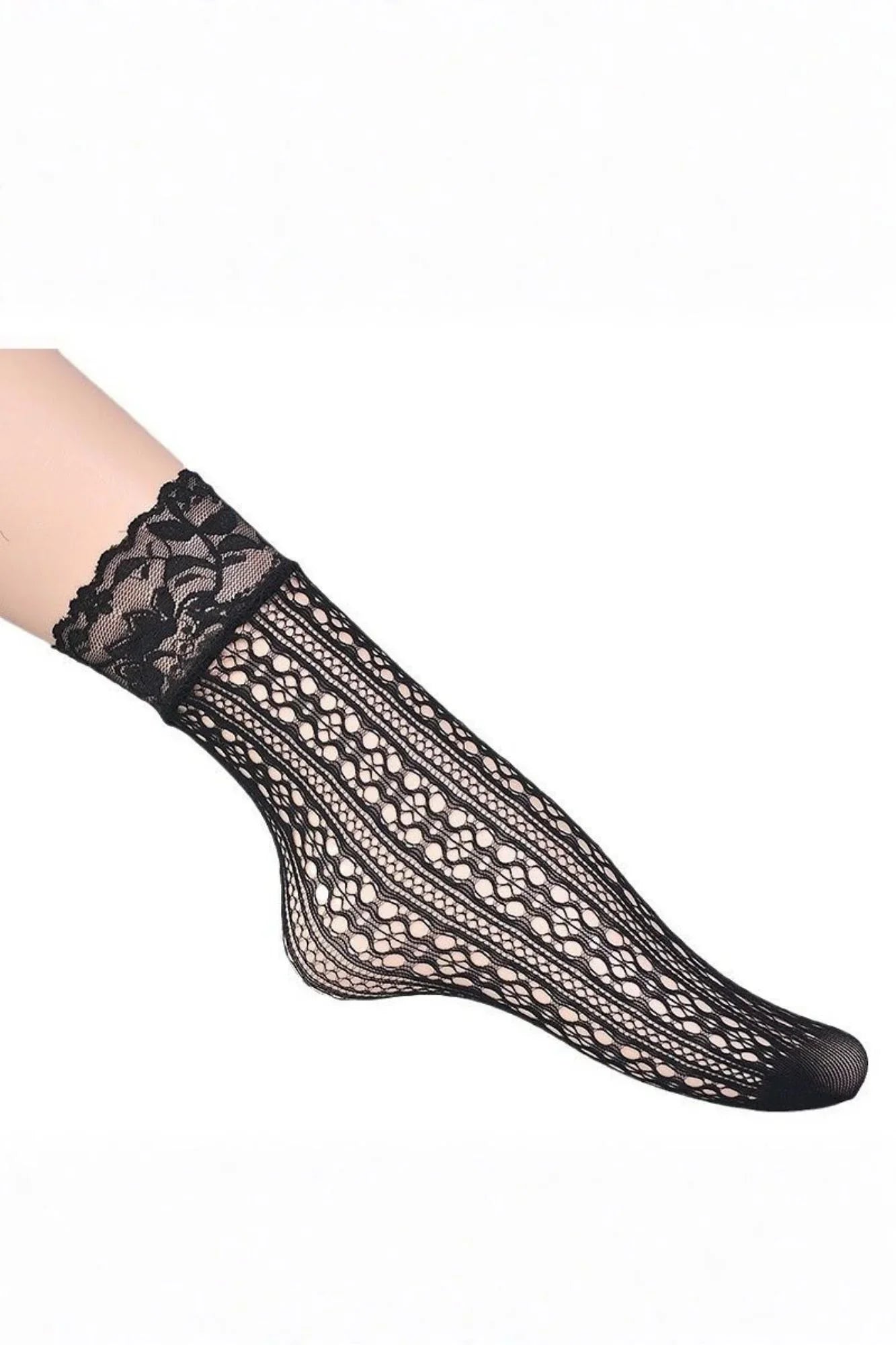 Black fishnet sock with floral and vertical stripe lace design on foot mannequin