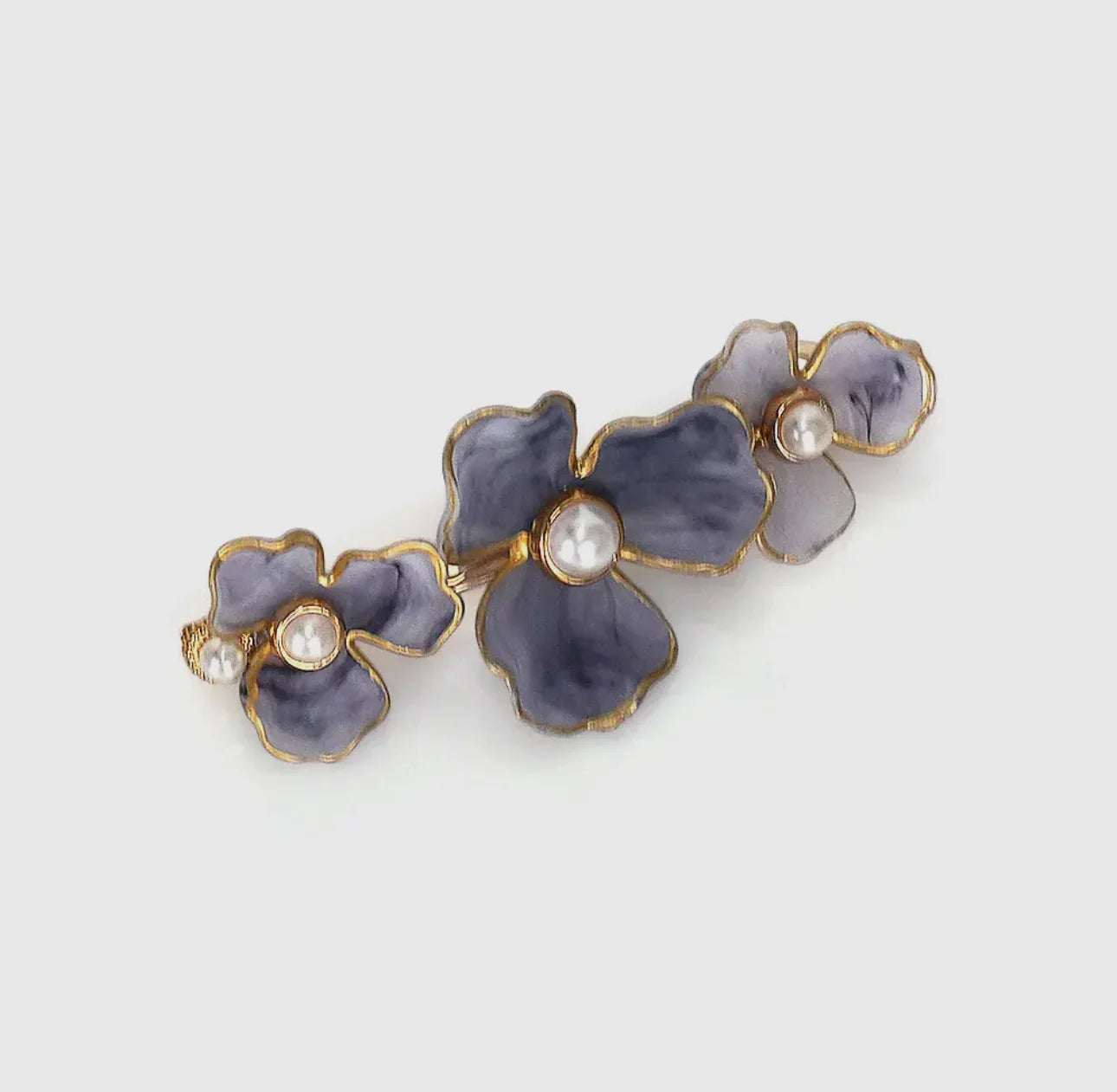 Purple floral hair clip with gold trim and pearl centers, Love Classic accessory