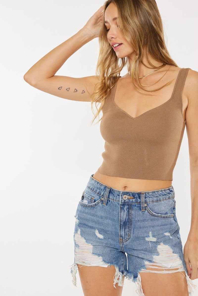 High Rise Distressed Denim Shorts