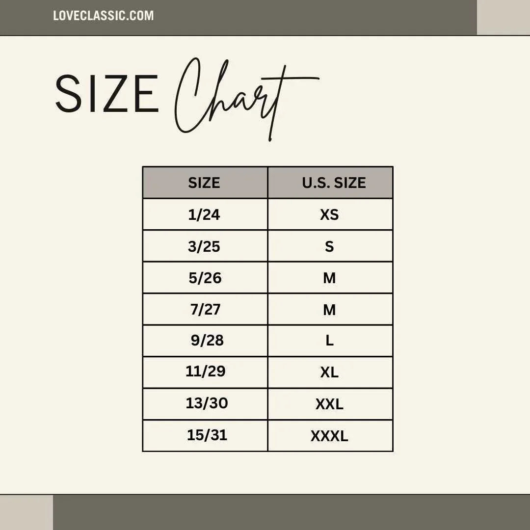 Love Classic KanCan USA pants size chart showing numeric and US size equivalents, neutral background.
