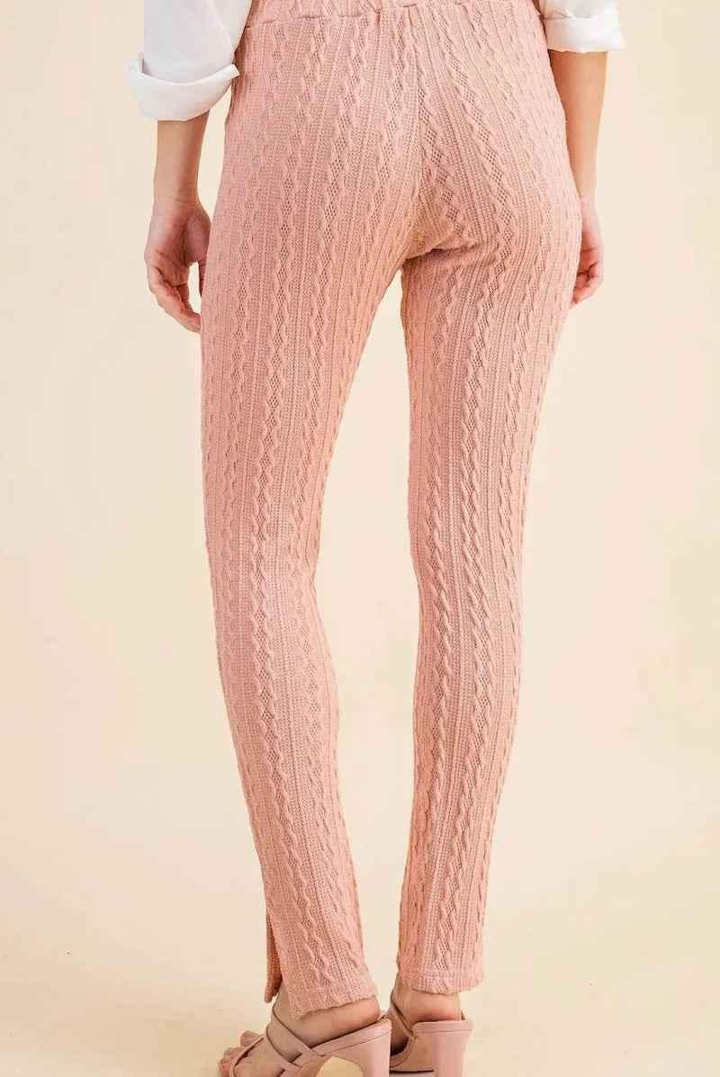 Woman wearing pink textured knit leggings and heeled sandals, Love Classic fashion
