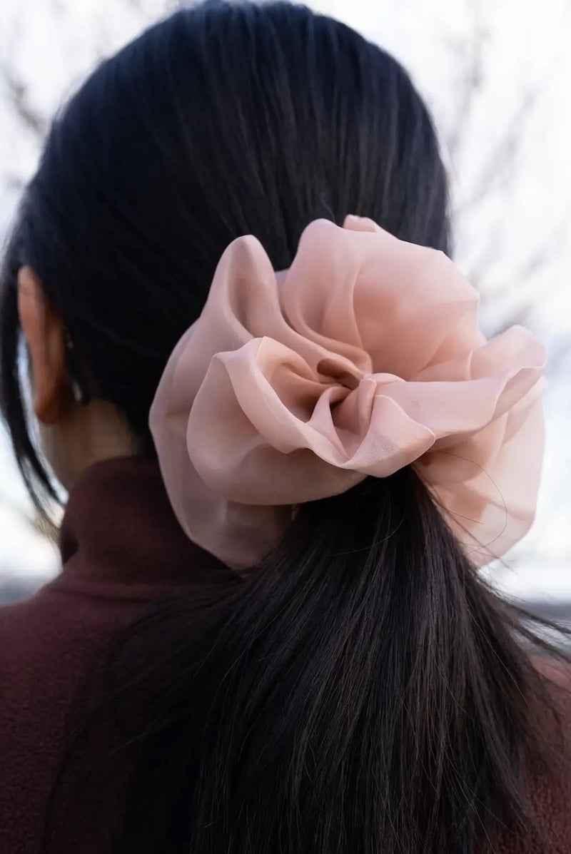Nude organza scrunchie in dark hair, Love Classic high quality hair accessory