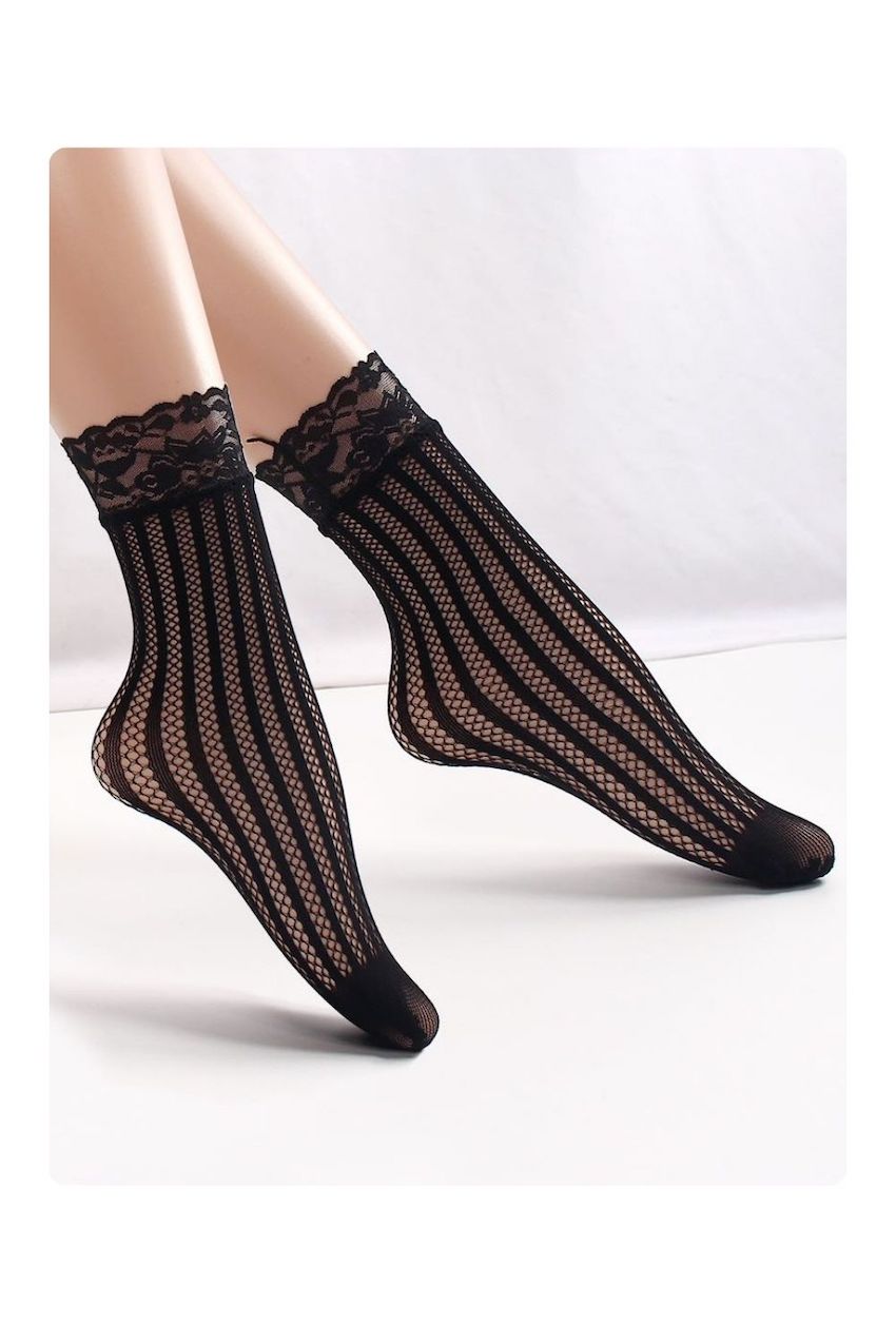 Black vertical stripe mesh ankle socks with floral lace cuffs, worn on a model against a soft white background.