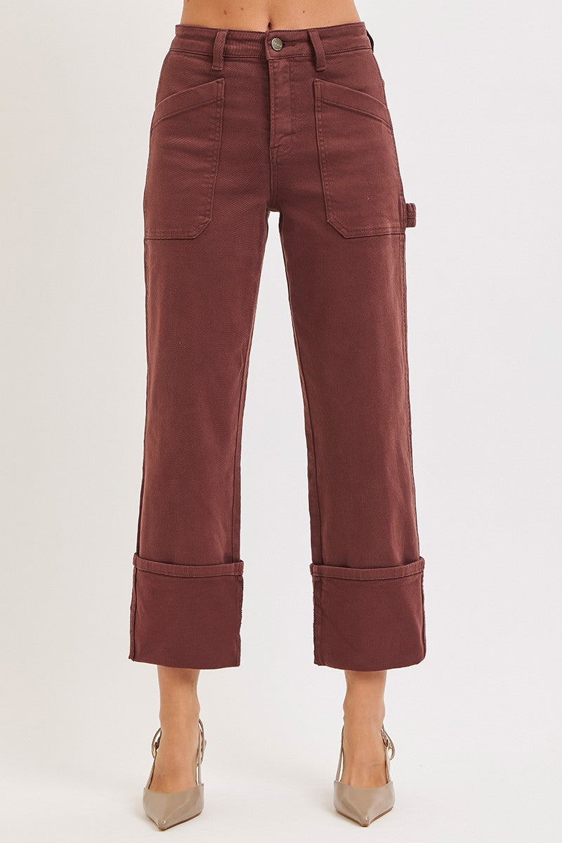 High Rise Wide Straight Cuffed Patch Jeans - Love Classic