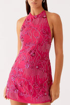 Backless Embroidered Halter Neck Mini Dress Rose Red - Love Classic 2