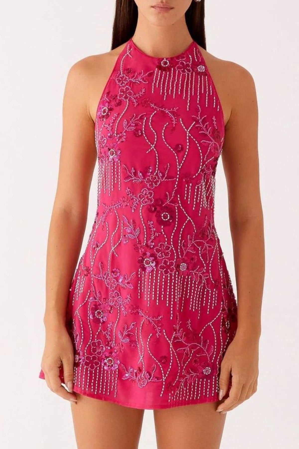 Backless Embroidered Halter Neck Mini Dress Rose Red - Love Classic 4