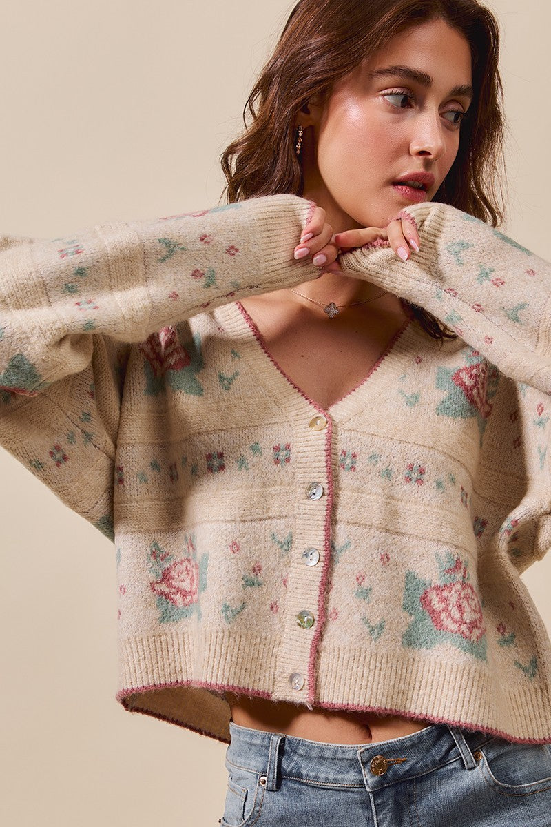 Floral Pattern Button Sweater Cardigan - Love Classic 2