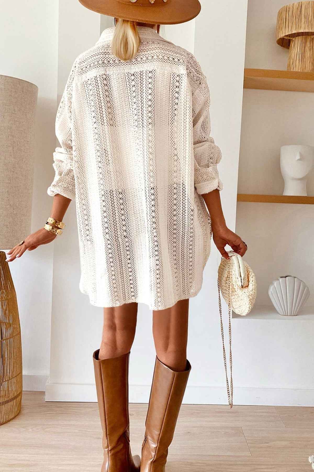 Lace Crochet Collared Oversized Shirt