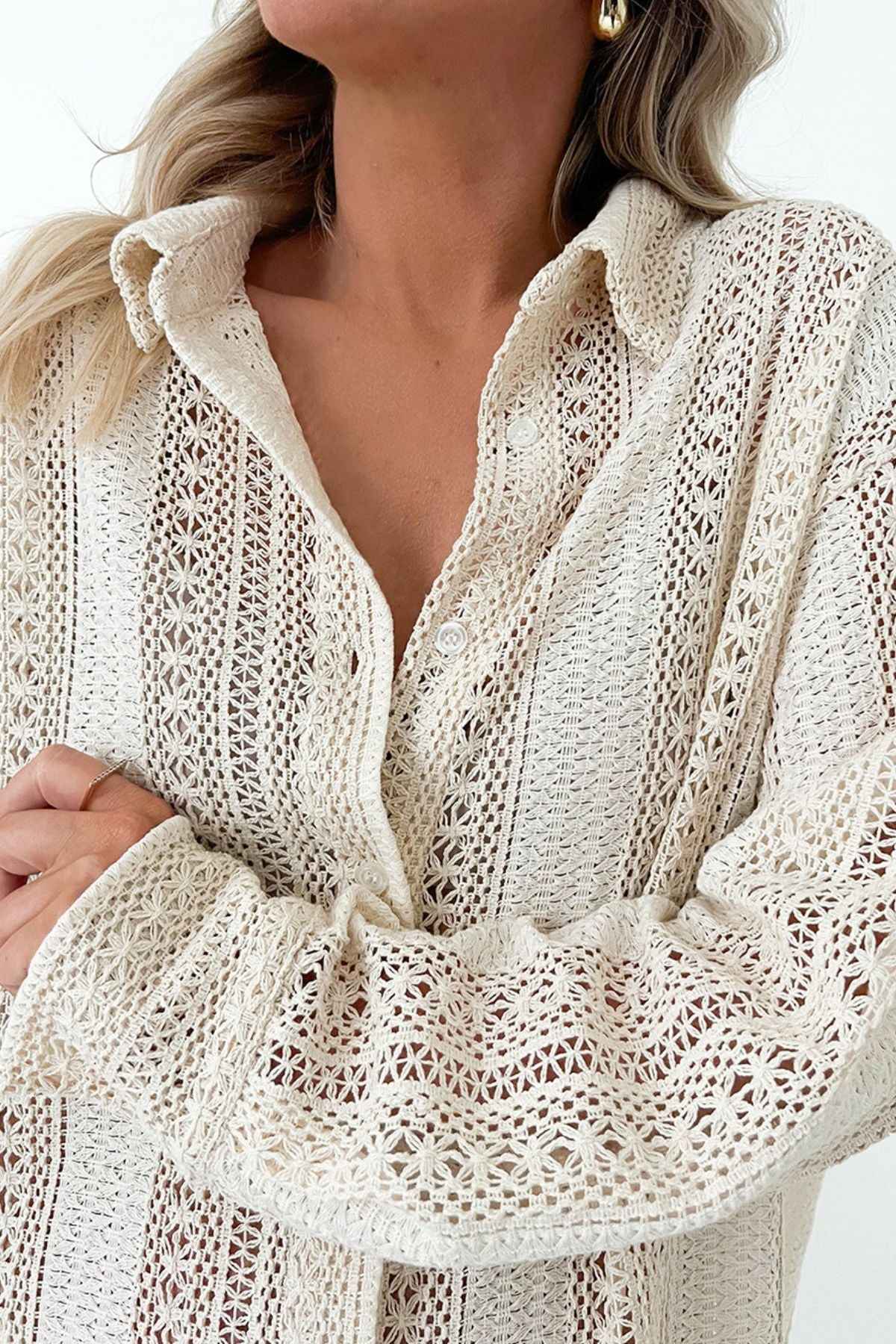 Lace Crochet Collared Oversized Shirt