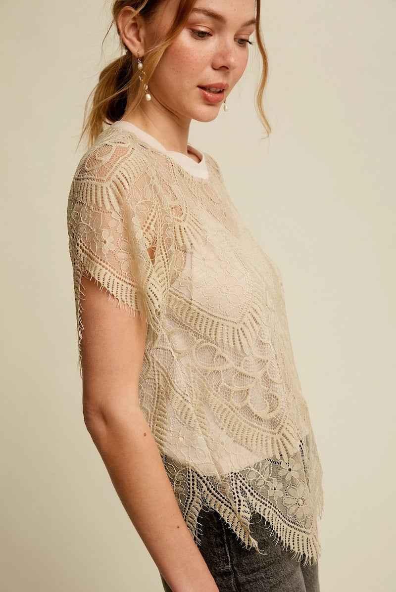 Woman modeling a sheer lace top with floral patterns, Love Classic fashion style
