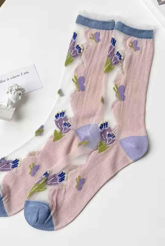 2-Pack Sheer Sunflower Jacquard Crew Socks