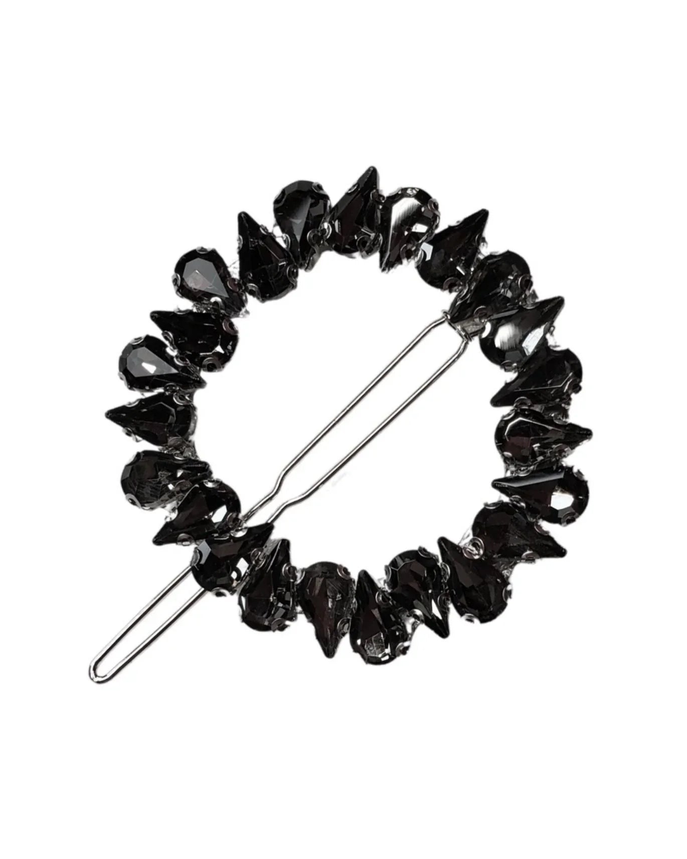 Black crystal teardrop hair clip in a circle design on white background, Love Classic style