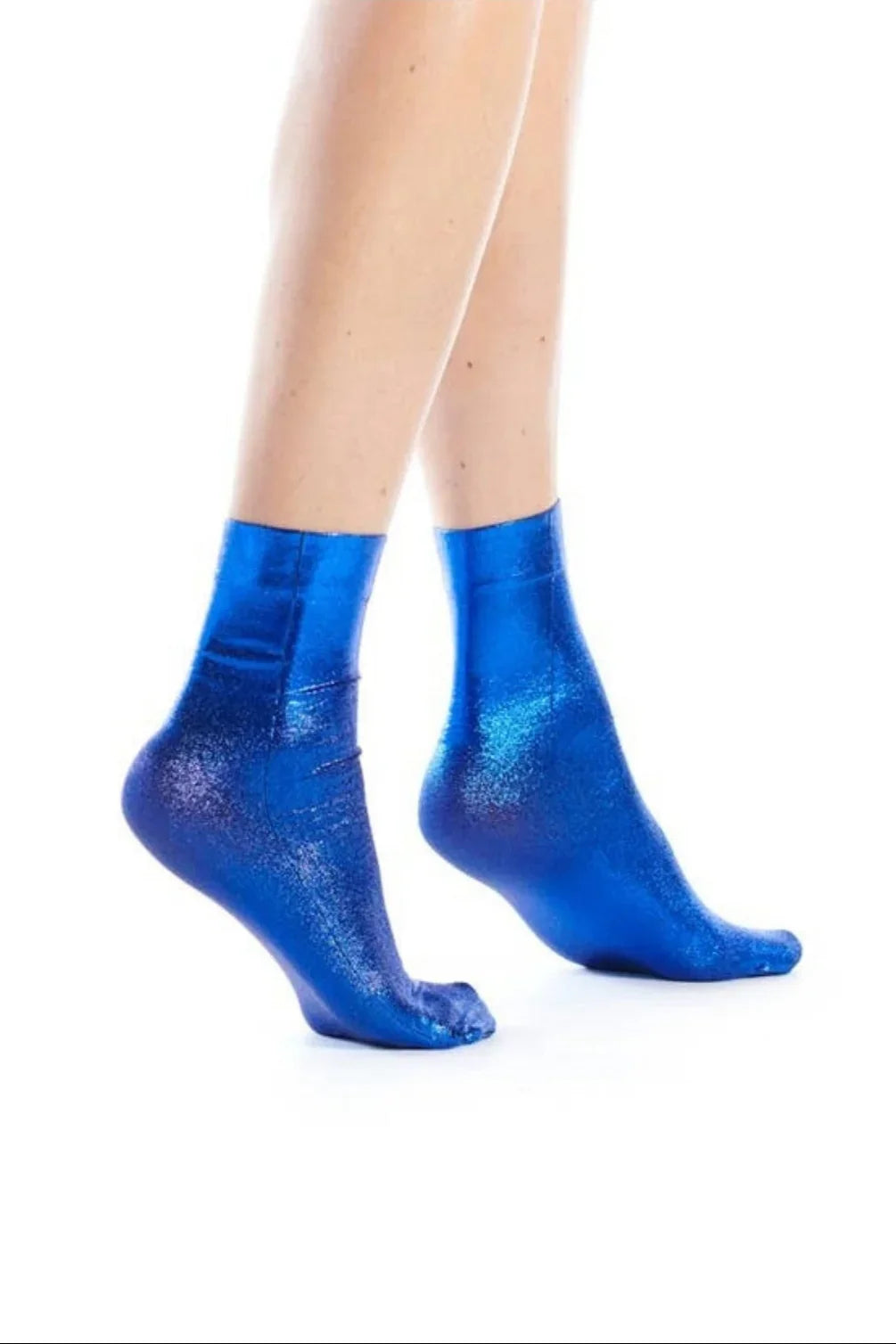 Shiny blue metallic ankle socks on model, Love Classic high quality fashion style