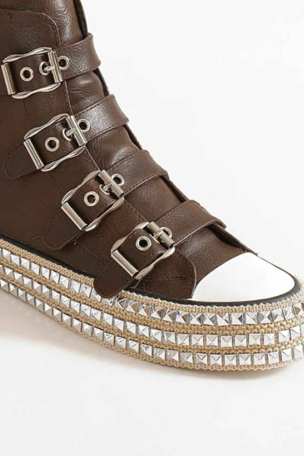 Mocha Multi-Buckle Straps Studded Platform Sneakers