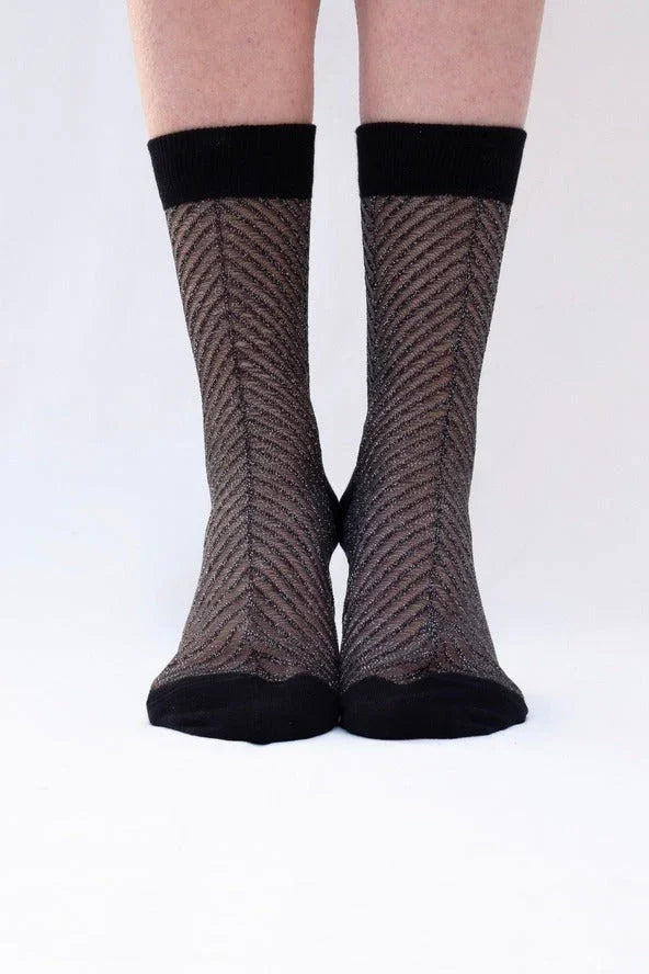 Black sheer patterned socks with glitter detail on feet, Love Classic high quality fashion