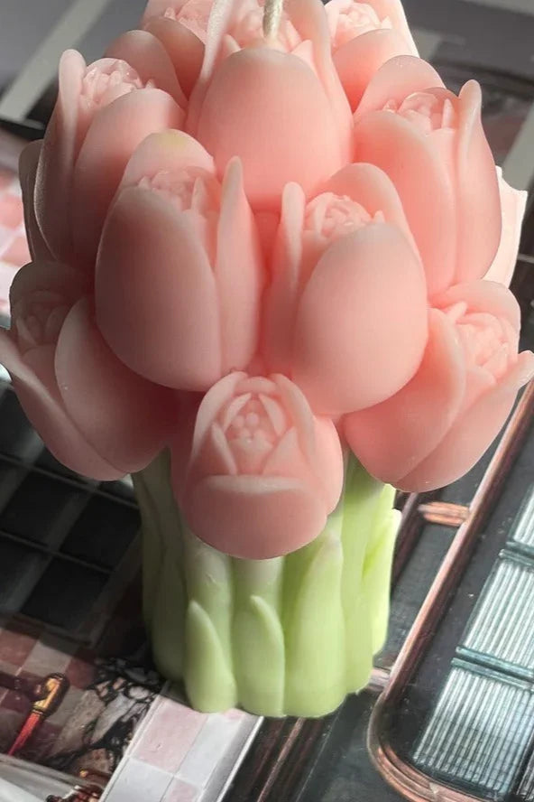 Pink tulip bouquet decorative candle from Love Classic, displayed on a table
