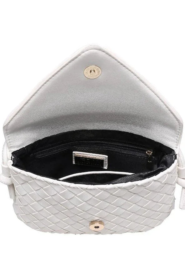 White woven crossbody bag with open flap and zippered interior, Love Classic style