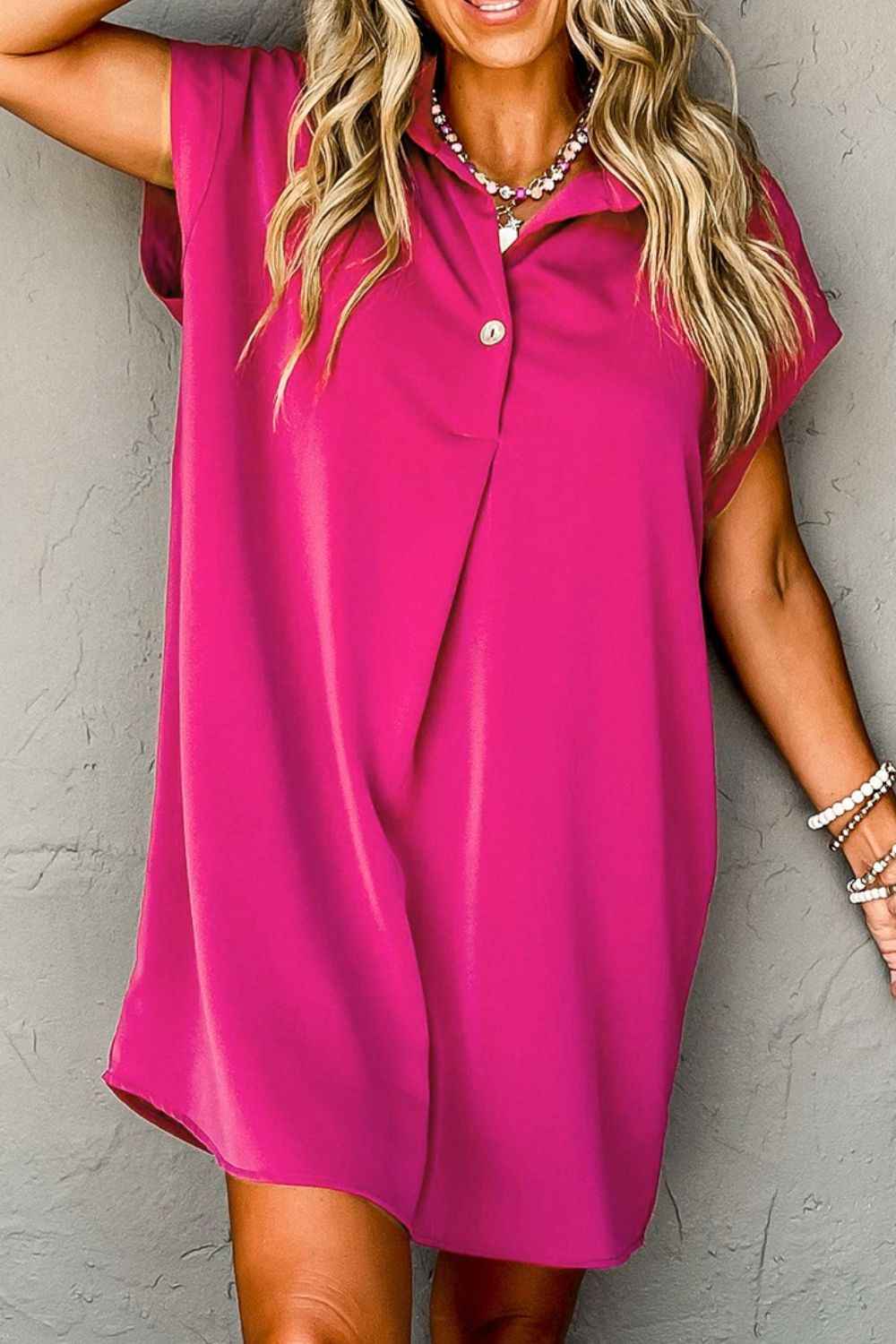 Buttoned Collared Mini Shirt Dress