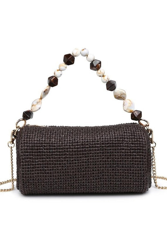 Chocolate Rachel Straw Clutch with compact zip-top closure, detachable chain strap, textured woven exterior, and faceted bead accents.