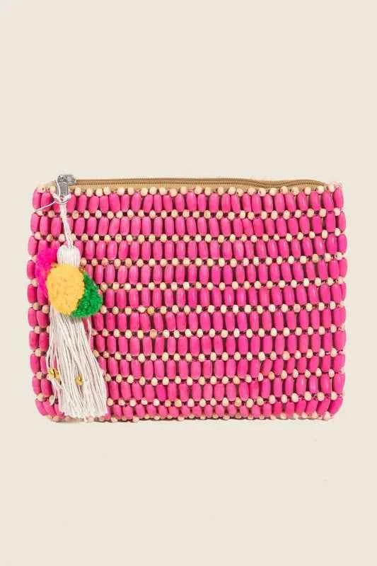 Wooden Beaded Rectangle Bag in Bright Pink
