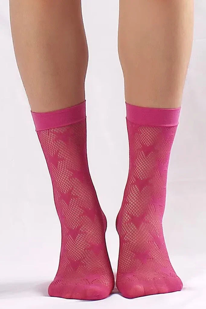 Stylish bright pink mesh crew socks with star design for women
