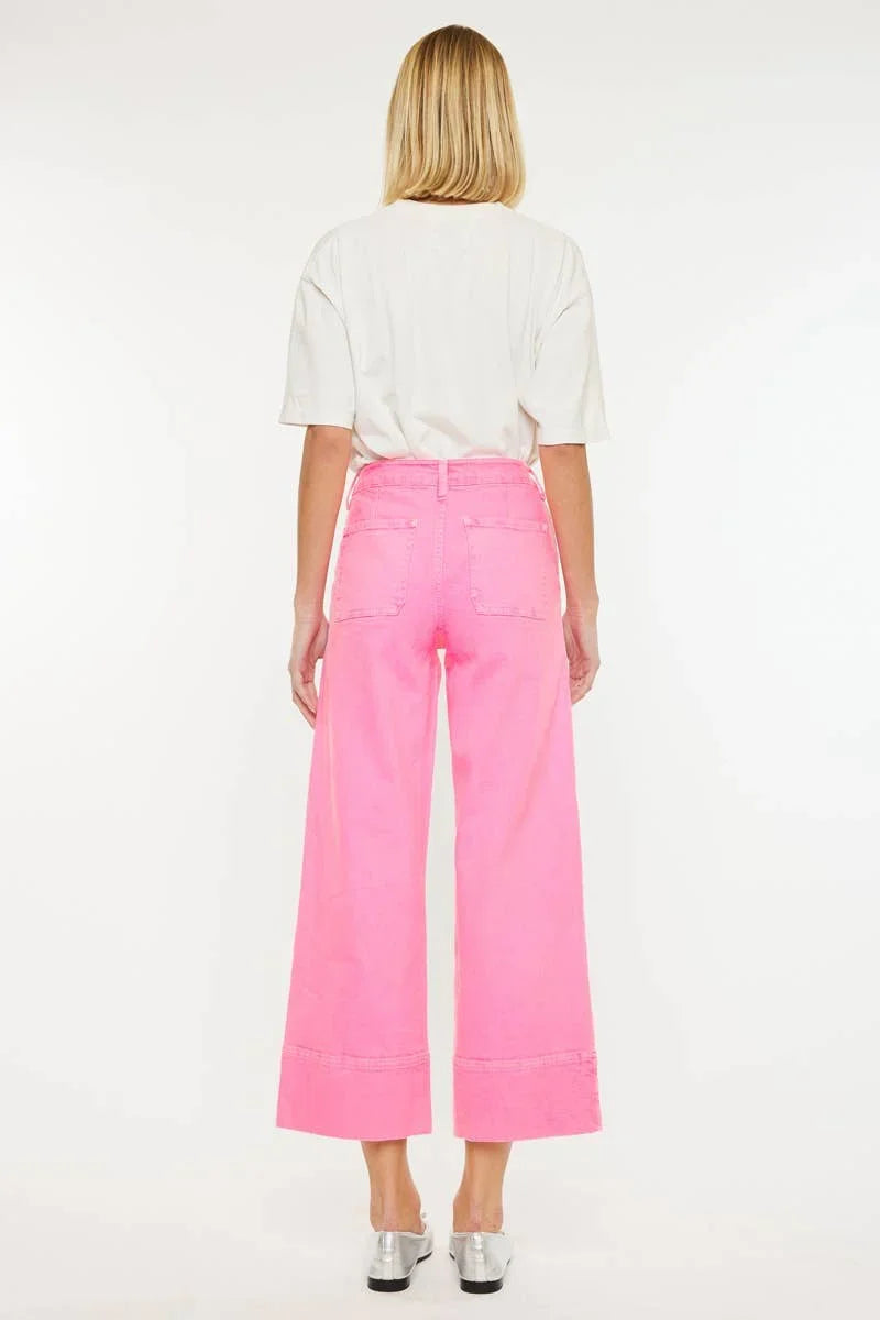 Woman in white t-shirt and high-waisted wide-leg pink jeans, Love Classic fashion style