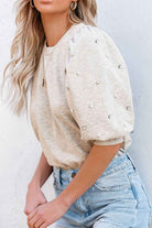 Rhinestone Pearl Puff Sleeve Top