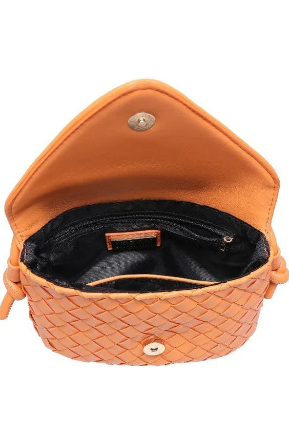 Open orange woven leather crossbody bag with magnetic clasp and interior zipper pocket from Love Classic