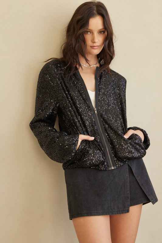 Front Zip Sequin Bomber Jacket