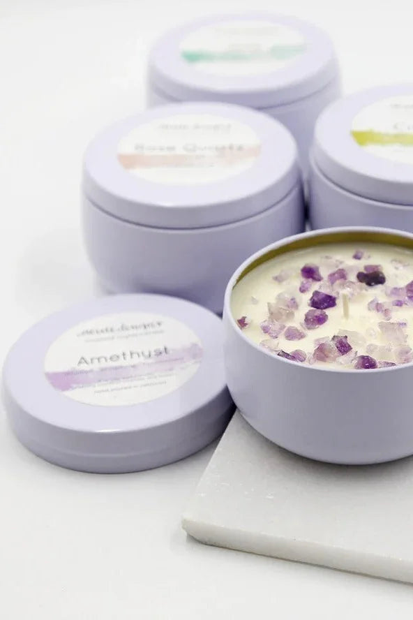 Purple tin candles with crystals, Love Classic high quality scented amethyst candle collection