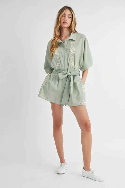 Embroidered Collared Romper in Dusty Sage