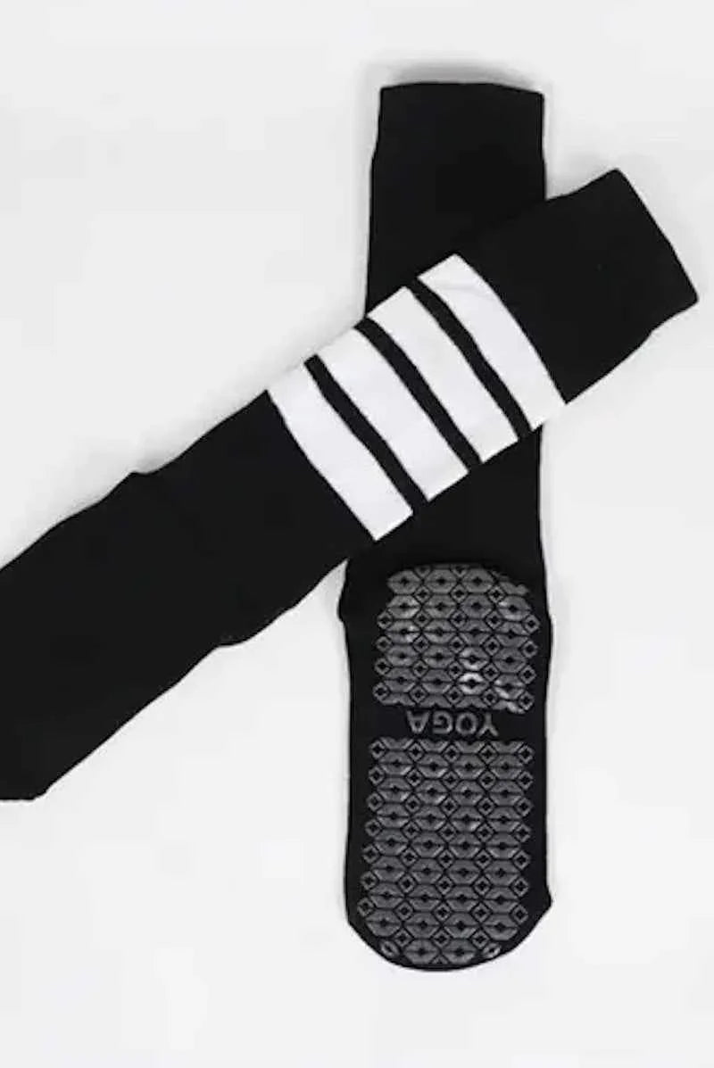 Black yoga socks with white stripes and non-slip sole, Love Classic high quality style