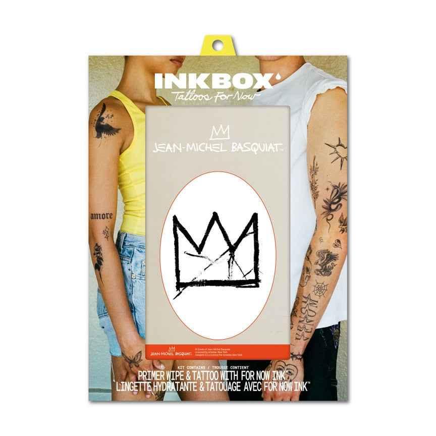 Jean-Michel Basquiat crown temporary tattoo by Inkbox, modern packaging, arms with tattoos