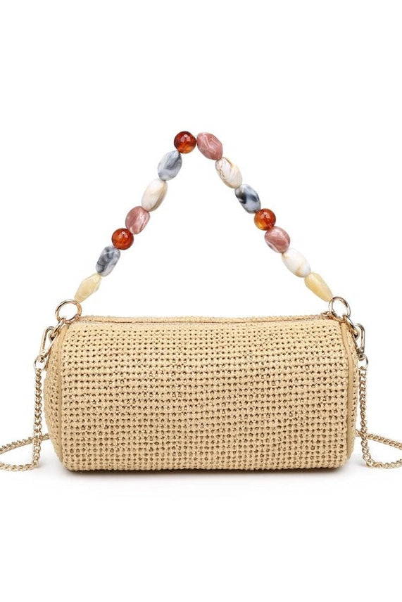 Natural Rachel Straw Clutch featuring a structured straw design, removable chain strap, and compact size for phone and small essentials.