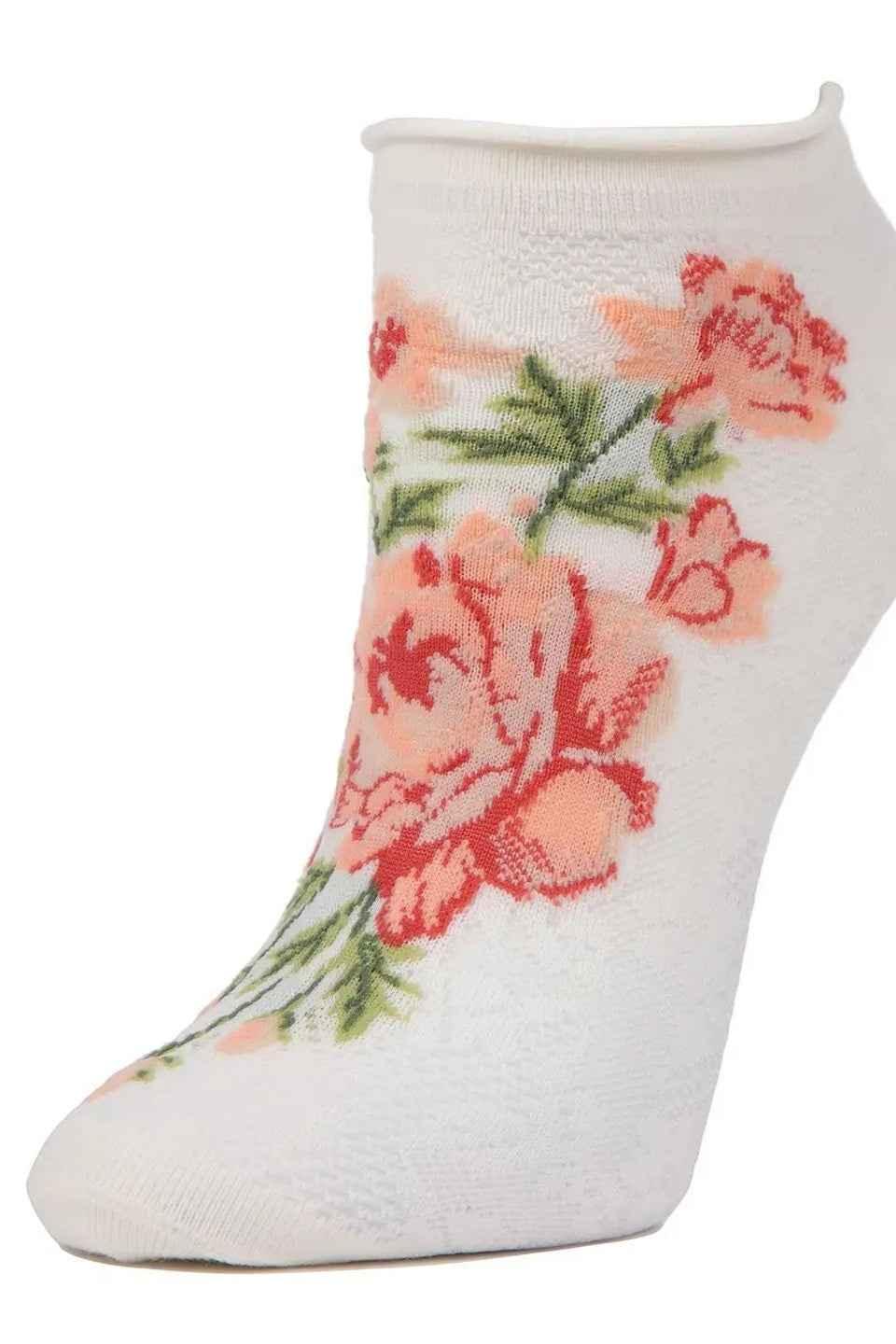 White ankle sock with pink floral pattern, Love Classic high quality style