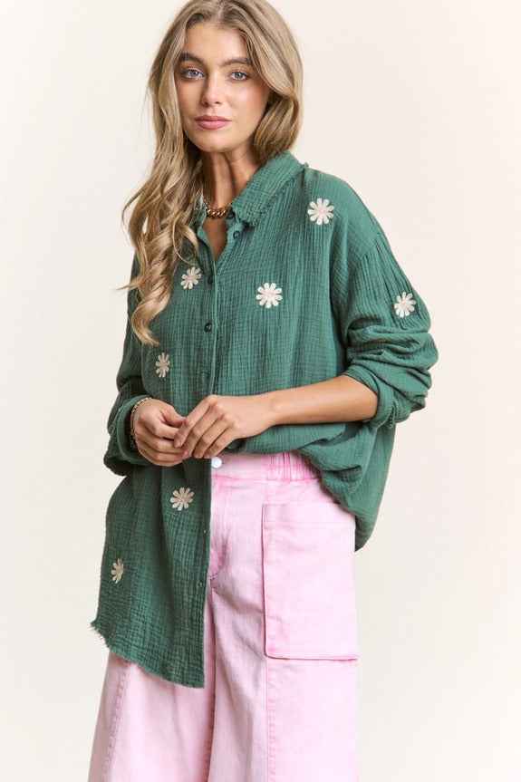 Gauze Daisy Embroidered Button Down Blouse
