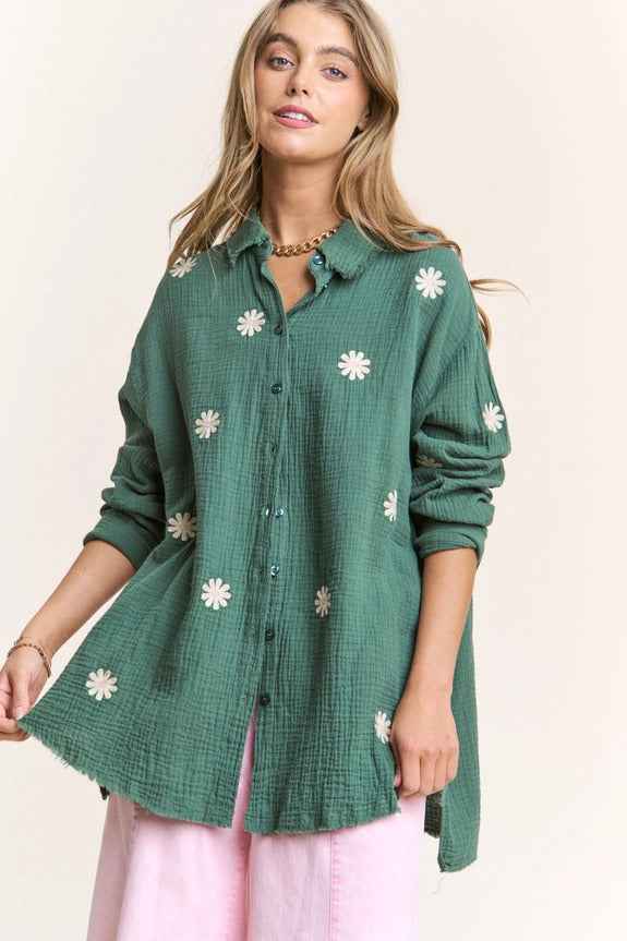 Gauze Daisy Embroidered Button Down Blouse