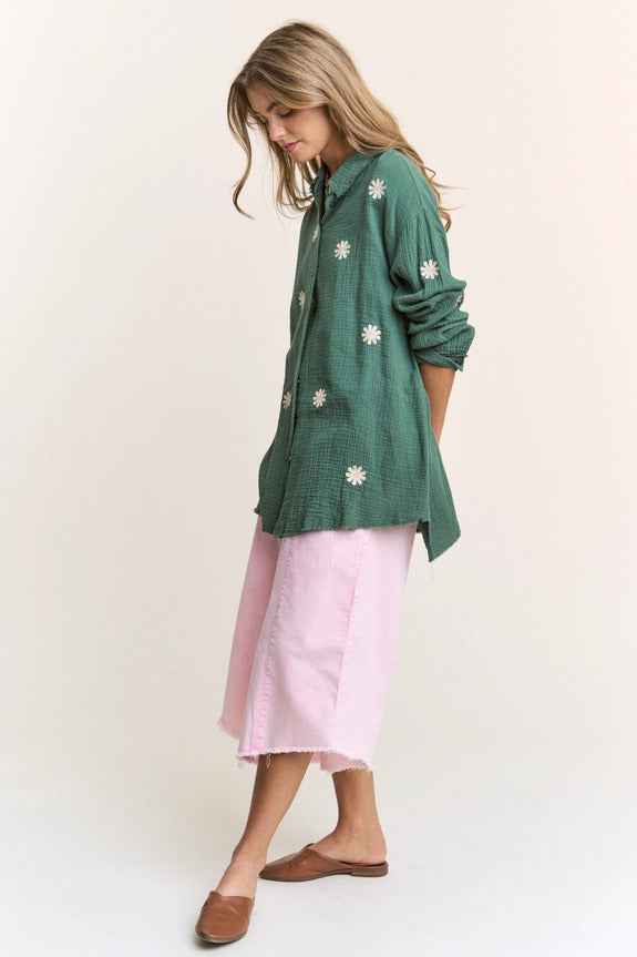 Gauze Daisy Embroidered Button Down Blouse