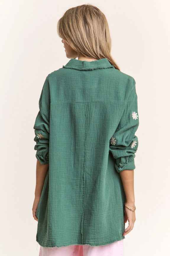 Gauze Daisy Embroidered Button Down Blouse