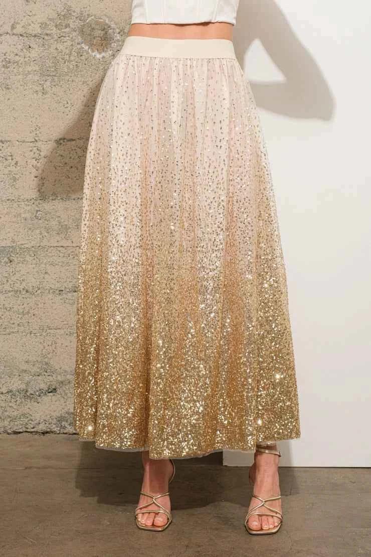Gold sequin tulle maxi skirt, styled with strappy heels, Love Classic fashion