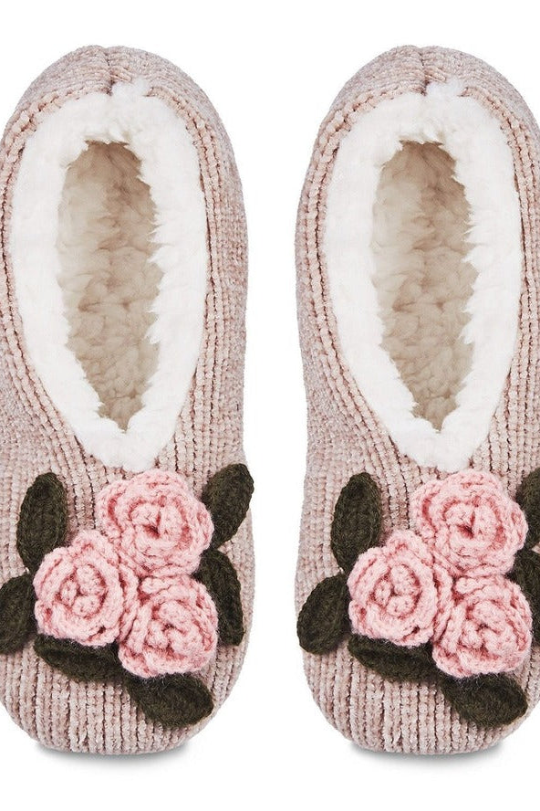 Coming Up Roses chenille slippers with pink crochet rose detail and soft sherpa lining, shown from top view.