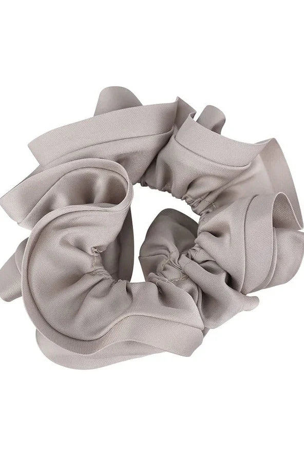 Light gray satin scrunchie with ruffled edges, Love Classic hair accessory