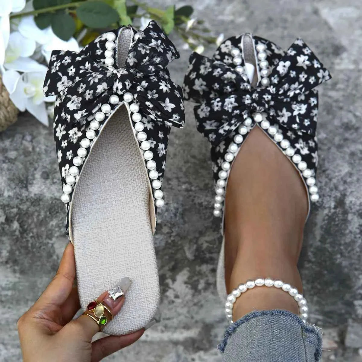 Pearl Bow Open Toe Sandals