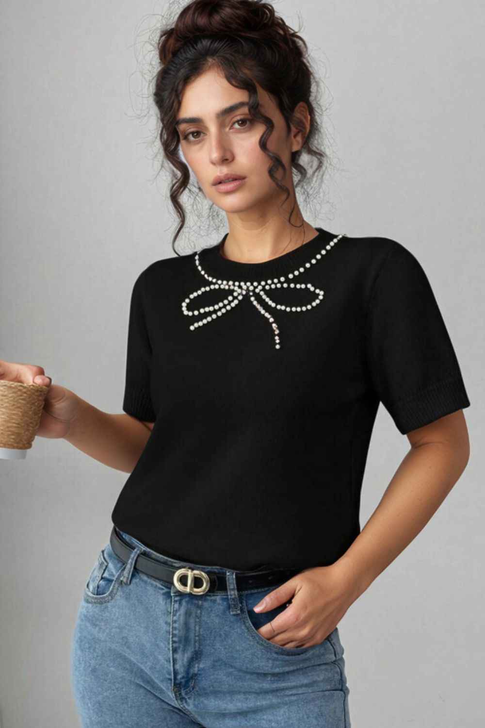 Pearl Bow Necklace Knit Top