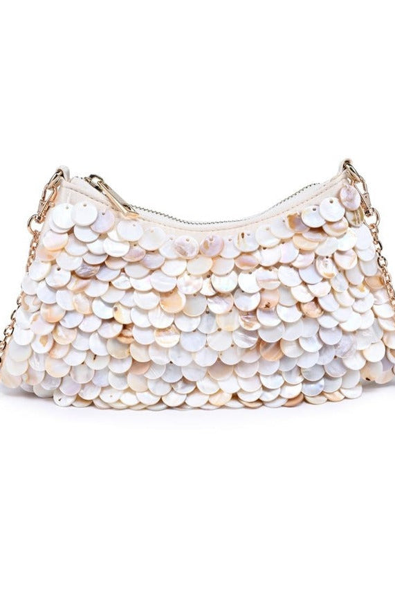 Opalite evening bag with iridescent color-shifting finish, compact elegant clutch design, and luminous shimmer for weddings, galas, and formal events.